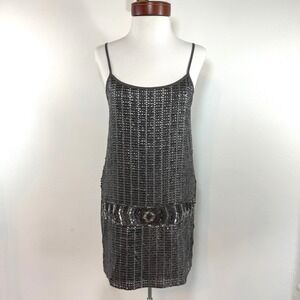 Forever 21 Silver Beaded Sequin Mini Dress Gray Boho Y2K Indie Sleaze Glam Small